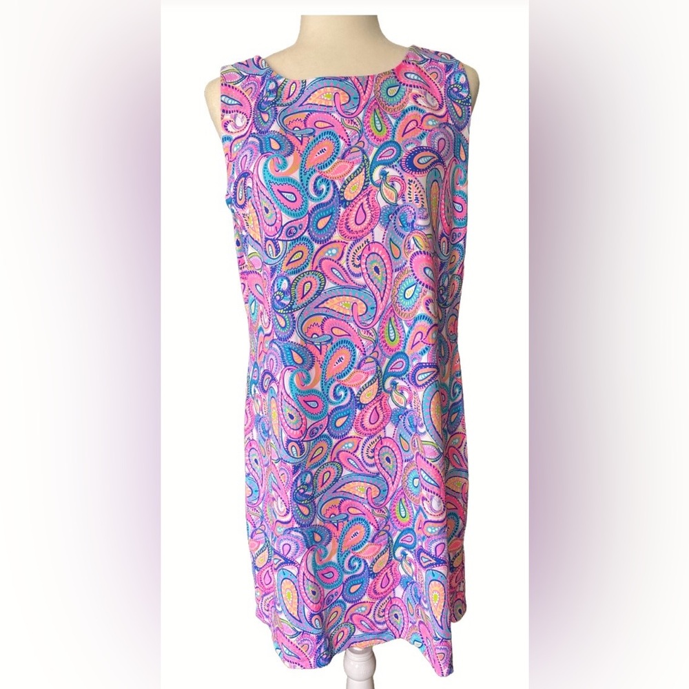 Lulu-B Sleeveless UPF 50+ Pink and Blue Multi Paisley Shift Dress Size L Coastal